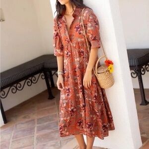 Natural Life Rebecca Midi Dress Orange Tropical Floral Vacation Sz Lg